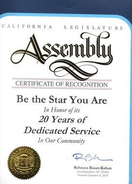 20th Ca. legislature Honor for BTSYA